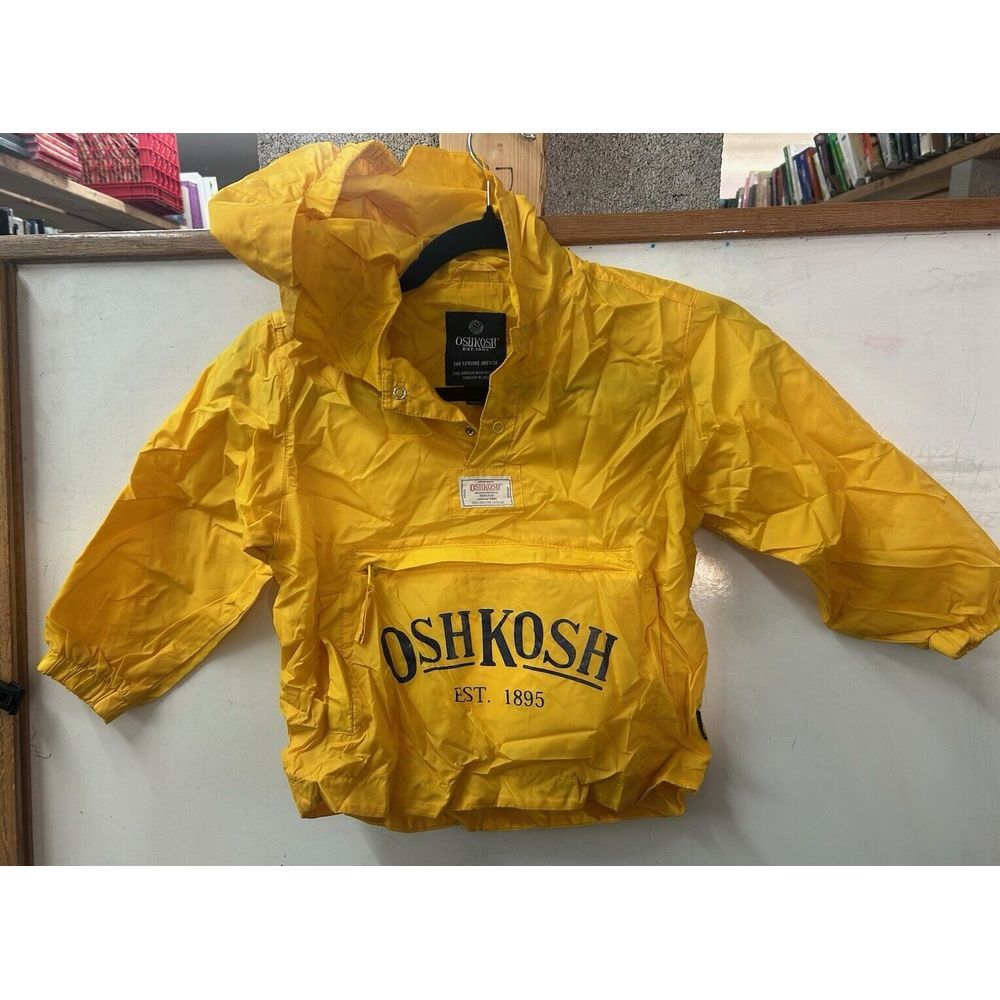 Vtg Oshkosh The Genuine Article Packable Yellow Rain Jacket Zip Pouch Kid Sz 4/5